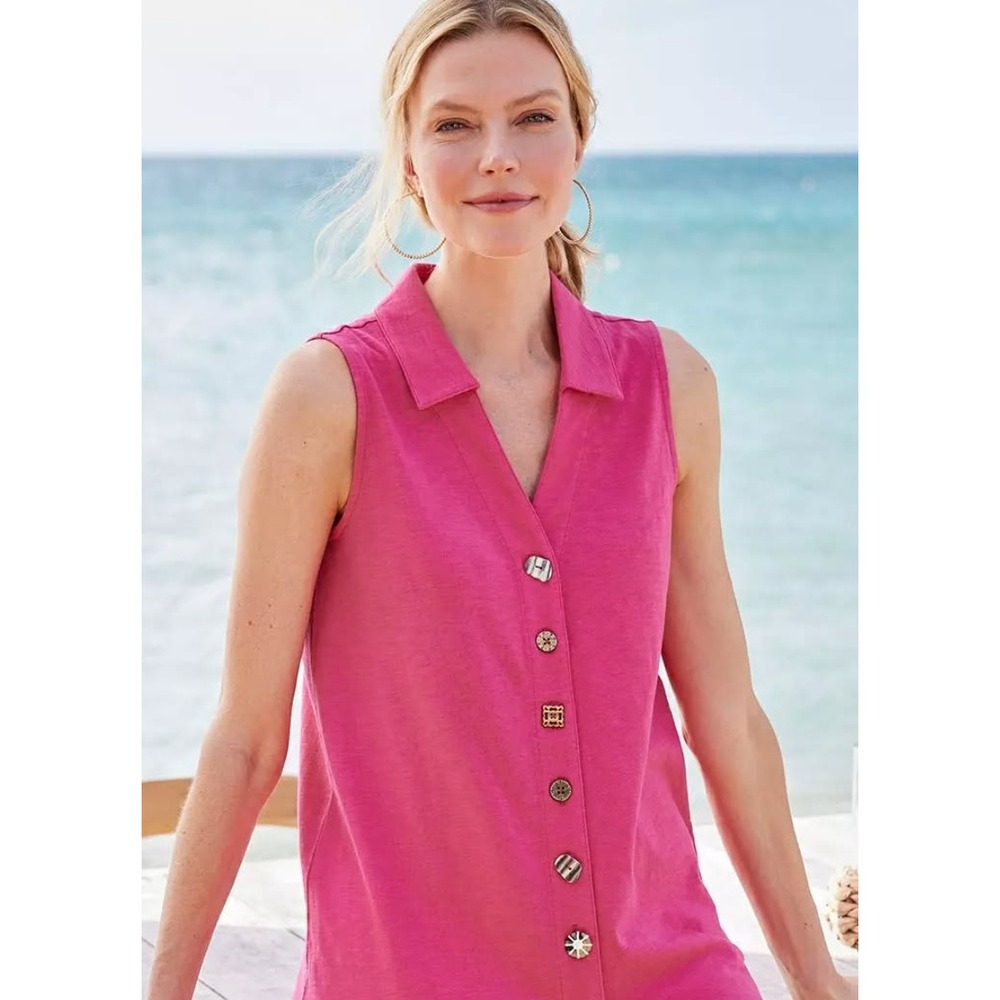 Soft Surroundings Danielle Button Tank Womens‎ Large Pink Artsy Boho Resortwear